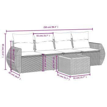 5-teiliges Gartensofa-Set mit Kissen, grau, Polyrattan