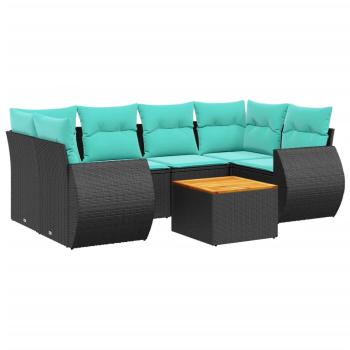 7-teiliges Gartensofa-Set mit Kissen, schwarzes Polyrattan