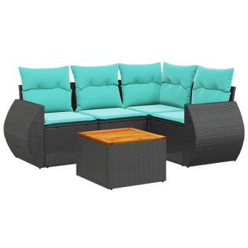 5-teiliges Gartensofa-Set mit Kissen, schwarzes Polyrattan