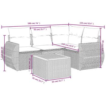 5-teiliges Gartensofa-Set mit Kissen, grau, Polyrattan