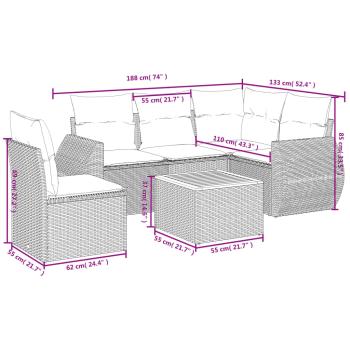 6-teiliges Gartensofa-Set mit Kissen, schwarzes Polyrattan