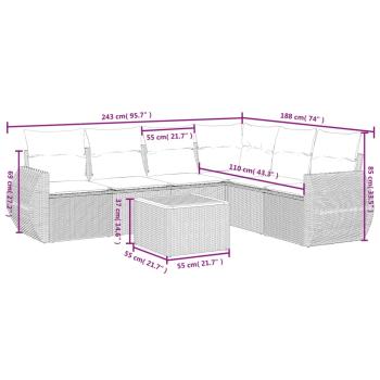 7-teiliges Gartensofa-Set mit Kissen, schwarzes Polyrattan