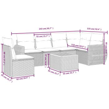 7-teiliges Gartensofa-Set mit Kissen, schwarzes Polyrattan