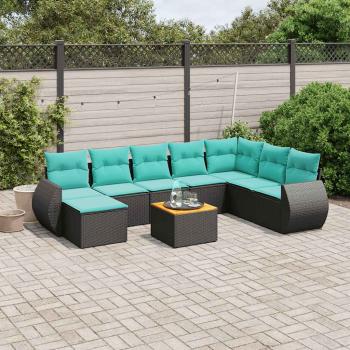 ARDEBO.de - 9-teiliges Gartensofa-Set mit Kissen, schwarzes Polyrattan