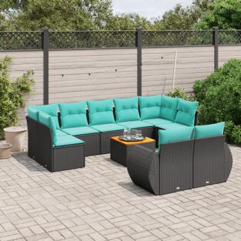 ARDEBO.de - 10-teiliges Gartensofa-Set mit Kissen, schwarzes Polyrattan