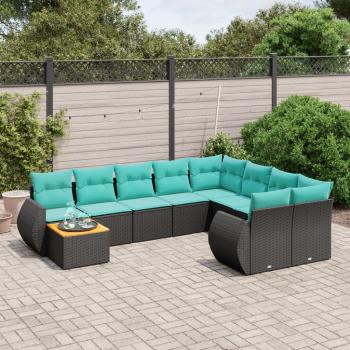 ARDEBO.de - 10-teiliges Gartensofa-Set mit Kissen, schwarzes Polyrattan