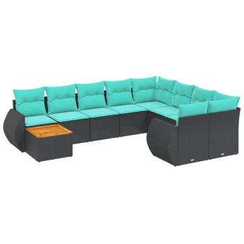10-teiliges Gartensofa-Set mit Kissen, schwarzes Polyrattan