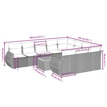 11-teiliges Gartensofa-Set mit Kissen, schwarzes Polyrattan