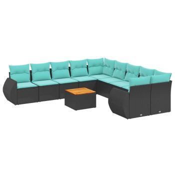 11-teiliges Gartensofa-Set mit Kissen, schwarzes Polyrattan