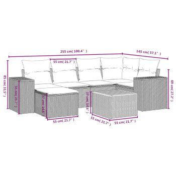 7-teiliges Gartensofa-Set mit Kissen, grau, Polyrattan