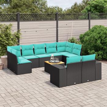 ARDEBO.de - 10-teiliges Gartensofa-Set mit Kissen, schwarzes Polyrattan