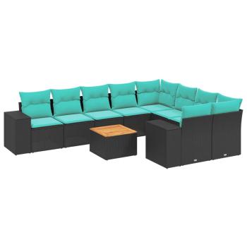 10-teiliges Gartensofa-Set mit Kissen, schwarzes Polyrattan