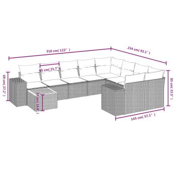 10-teiliges Gartensofa-Set mit Kissen, schwarzes Polyrattan