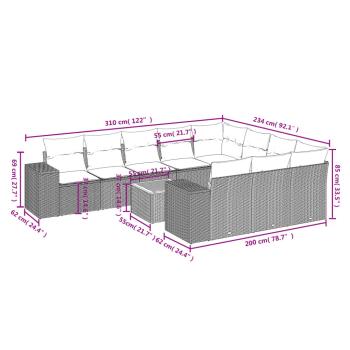 11-teiliges Gartensofa-Set mit Kissen, schwarzes Polyrattan