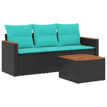 4-teiliges Gartensofa-Set mit Kissen, schwarzes Polyrattan