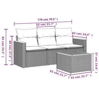 4-teiliges Gartensofa-Set mit Kissen, schwarzes Polyrattan