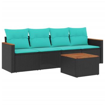 5-teiliges Gartensofa-Set mit Kissen, schwarzes Polyrattan