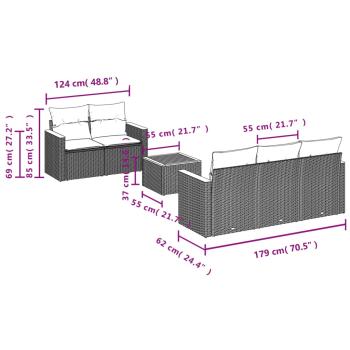 6-teiliges Gartensofa-Set mit Kissen, schwarzes Polyrattan