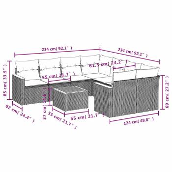 9-teiliges Gartensofa-Set mit Kissen, schwarzes Polyrattan