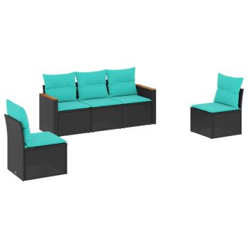 5-teiliges Gartensofa-Set mit Kissen, schwarzes Polyrattan