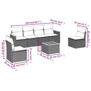 7-teiliges Gartensofa-Set mit Kissen, schwarzes Polyrattan