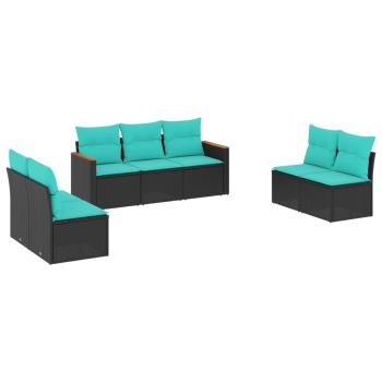7-teiliges Gartensofa-Set mit Kissen, schwarzes Polyrattan