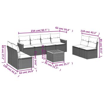 9-teiliges Gartensofa-Set mit Kissen, schwarzes Polyrattan
