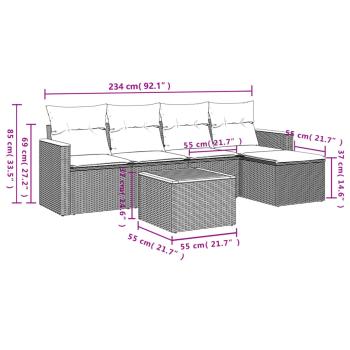 6-teiliges Gartensofa-Set mit Kissen, schwarzes Polyrattan