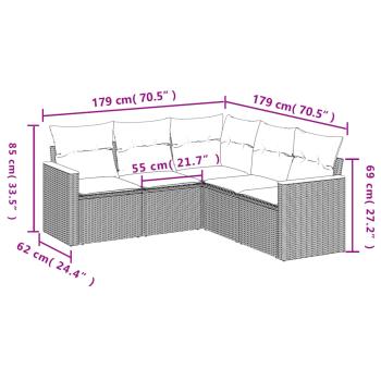 5-teiliges Gartensofa-Set mit Kissen, schwarzes Polyrattan