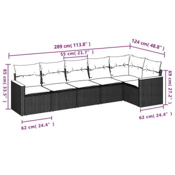 6-teiliges Gartensofa-Set mit Kissen, schwarzes Polyrattan
