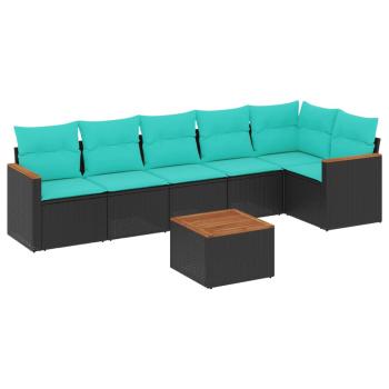 7-teiliges Gartensofa-Set mit Kissen, schwarzes Polyrattan