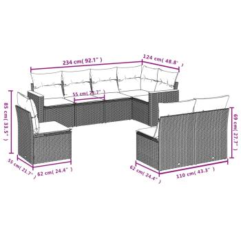 8-teiliges Gartensofa-Set mit Kissen, grau, Polyrattan