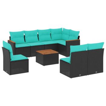 9-teiliges Gartensofa-Set mit Kissen, schwarzes Polyrattan
