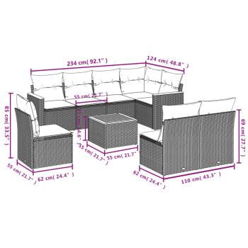 9-teiliges Gartensofa-Set mit Kissen, schwarzes Polyrattan