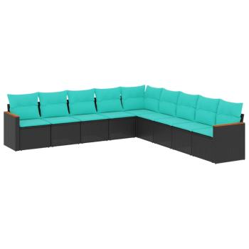 9-teiliges Gartensofa-Set mit Kissen, schwarzes Polyrattan