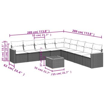 10-teiliges Gartensofa-Set mit Kissen, schwarzes Polyrattan