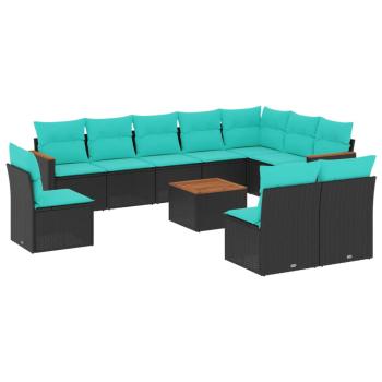 11-teiliges Gartensofa-Set mit Kissen, schwarzes Polyrattan