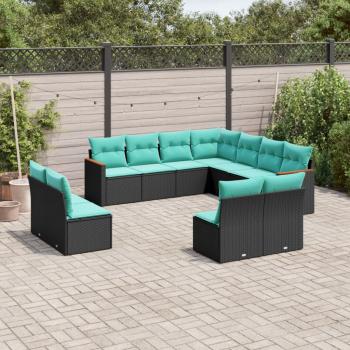 ARDEBO.de - 11-teiliges Gartensofa-Set mit Kissen, schwarzes Polyrattan