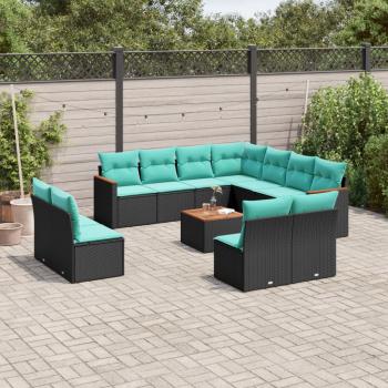ARDEBO.de - 12-teiliges Gartensofa-Set mit Kissen, schwarzes Polyrattan