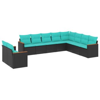 10-teiliges Gartensofa-Set mit Kissen, schwarzes Polyrattan