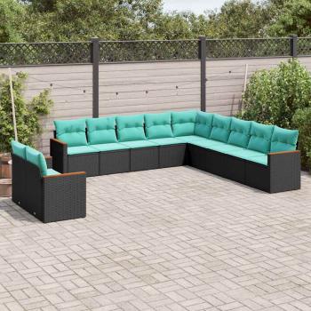ARDEBO.de - 11-teiliges Gartensofa-Set mit Kissen, schwarzes Polyrattan