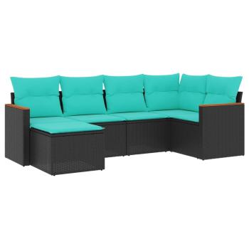 6-teiliges Gartensofa-Set mit Kissen, schwarzes Polyrattan
