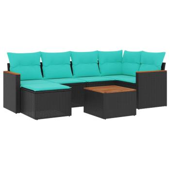 7-teiliges Gartensofa-Set mit Kissen, schwarzes Polyrattan