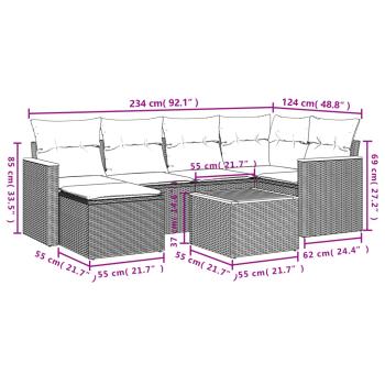 7-teiliges Gartensofa-Set mit Kissen, schwarzes Polyrattan