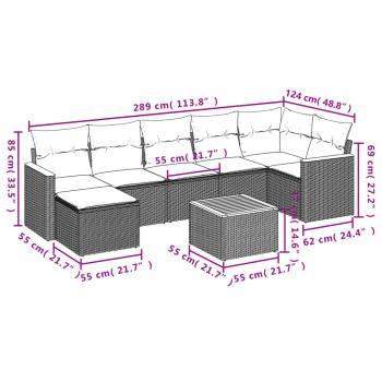 8-teiliges Gartensofa-Set mit Kissen, grau, Polyrattan