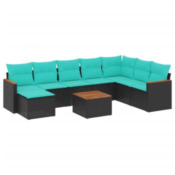 9-teiliges Gartensofa-Set mit Kissen, schwarzes Polyrattan