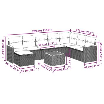 9-teiliges Gartensofa-Set mit Kissen, schwarzes Polyrattan