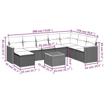 9-teiliges Gartensofa-Set mit Kissen, grau, Polyrattan