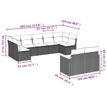 9-teiliges Gartensofa-Set mit Kissen, schwarzes Polyrattan