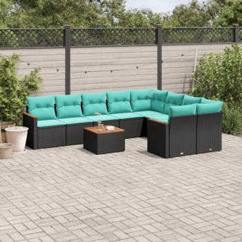 ARDEBO.de - 10-teiliges Gartensofa-Set mit Kissen, schwarzes Polyrattan